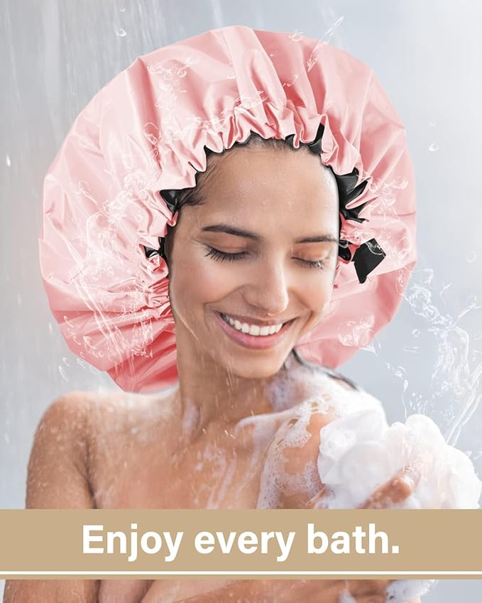 Aquior Shower Cap,Extra Adjustable Shower Caps for Women Double-Layer Waterproof Reusable Hair Cap, Large Size Hair Cap for All Hair,for Girls Spa Bath,Soft and Comfortable (Pink)