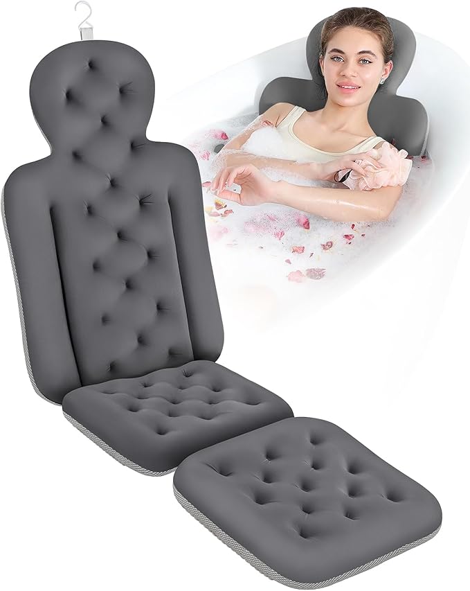 Bath Cushion, Full Body Bathtub Pillow with 160 Suction Cups, Bath Mat for Head and Neck Support, with Laundry Bag (Dark Gray, 51" x 16")