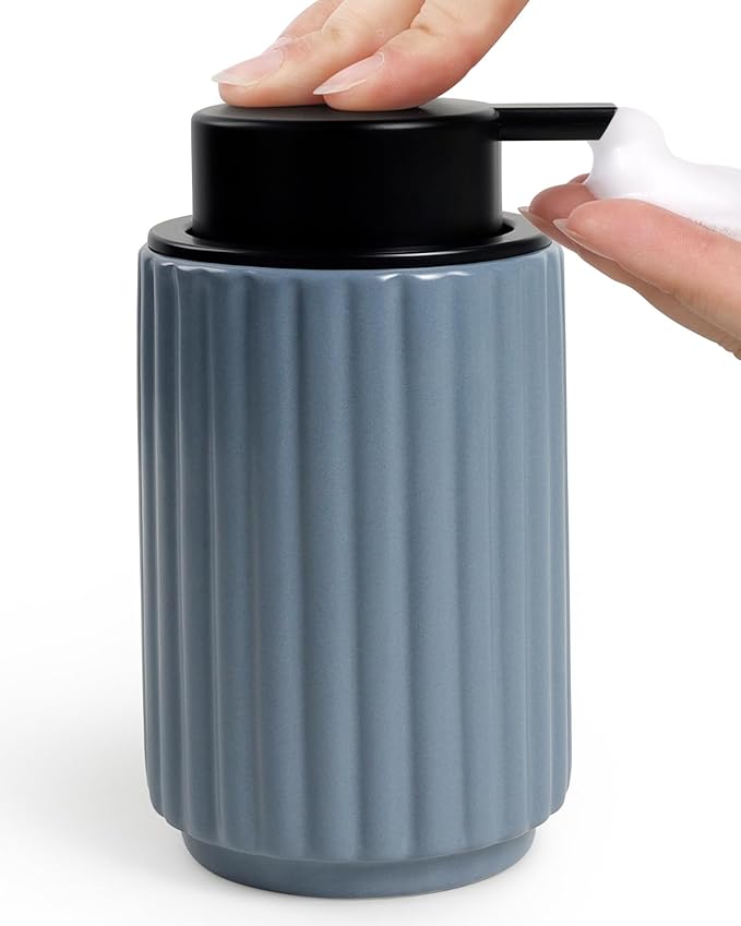 Foaming Soap Dispenser, Ceramic Foam Hand Soap Dispenser with Stripe Design for Kitchen or Bathroom, Refillable Dish Lotion Dispenser, Gray Blue, ANTIS'S HOME