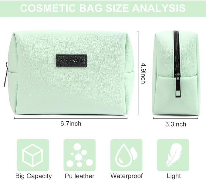 MAANGE Small Makeup Bag For Purse, Travel Cosmetic Bag Makeup Pouch PU Leather Portable Versatile Zipper Pouch For Women (Green)