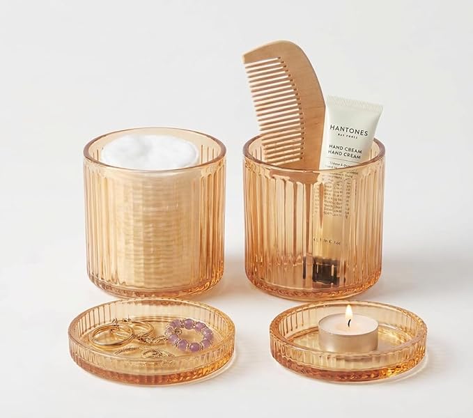 SheeChung 4-Pack Amber Glass Apothecary Jars - Vintage Sunburst Bathroom Organizer Set - Qtip Holder Dispenser, Cotton Swab Ball Pad Storage - Luxury Farmhouse Vanity Canisters