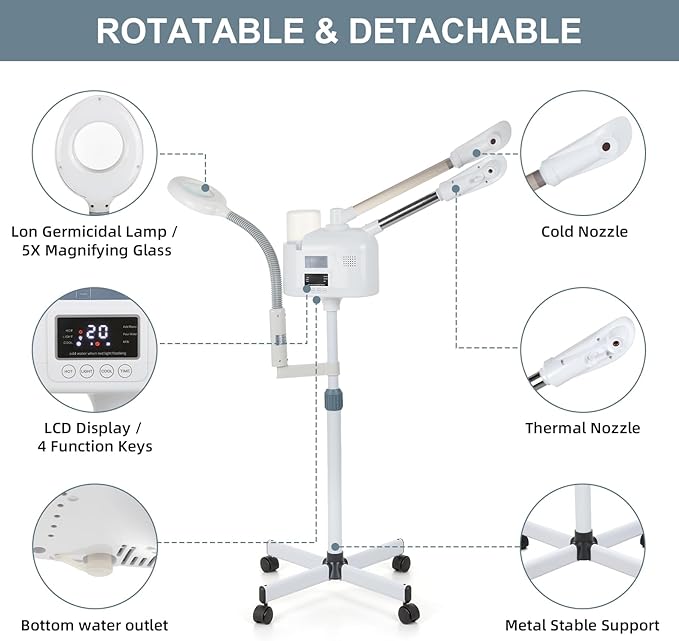 VARIPOWDER 3 in 1 Professional Facial Steamer for Face with Hot & Cold Nozzle 5X Magnifying Lamp Facial Steamer for Esthetician vaporizador Facial Use at Home or Spa