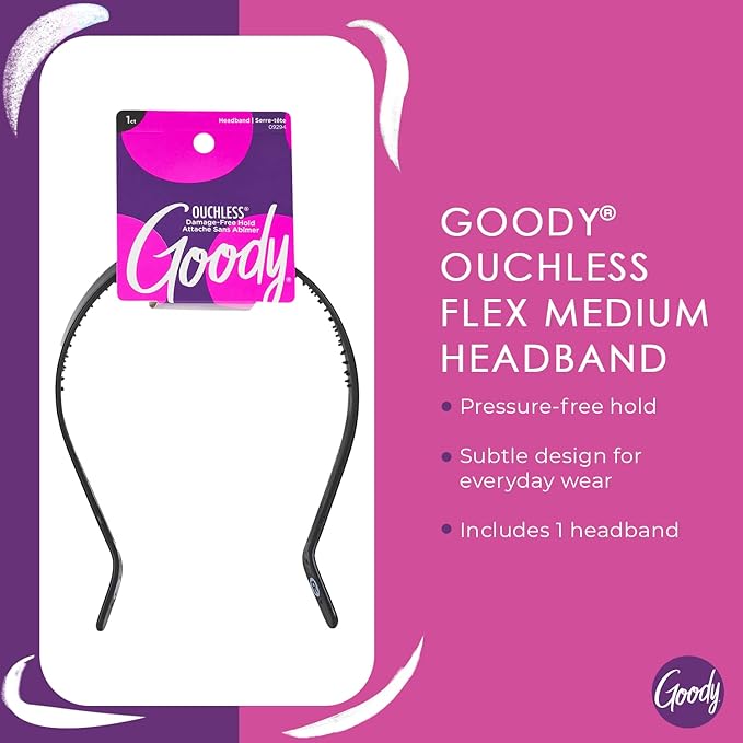 GOODY Ouchless Medium Headband with Flex Tips - Flex Teeth Hold Bangs & Layers In Place for a Comfortable Fit - for All Hair Types - Pain-Free Hair Accessories for Women, Men, Boys, and Girls