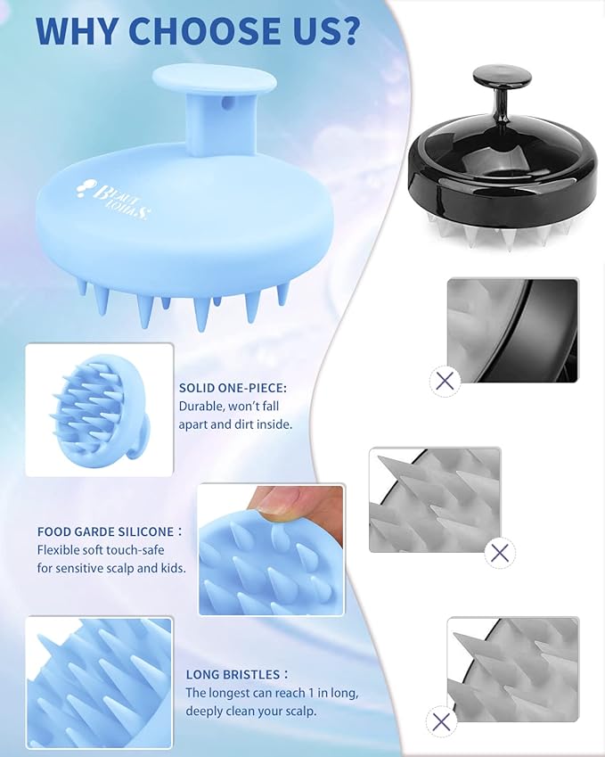 BEAUTLOHAS Silicone Scalp Massager Shampoo Brush, Shower Scrubber with Soft Bristles, Hair Growth & Dandruff Treatment, Wet/Dry Hair Massager for All Hair Types (Blue)
