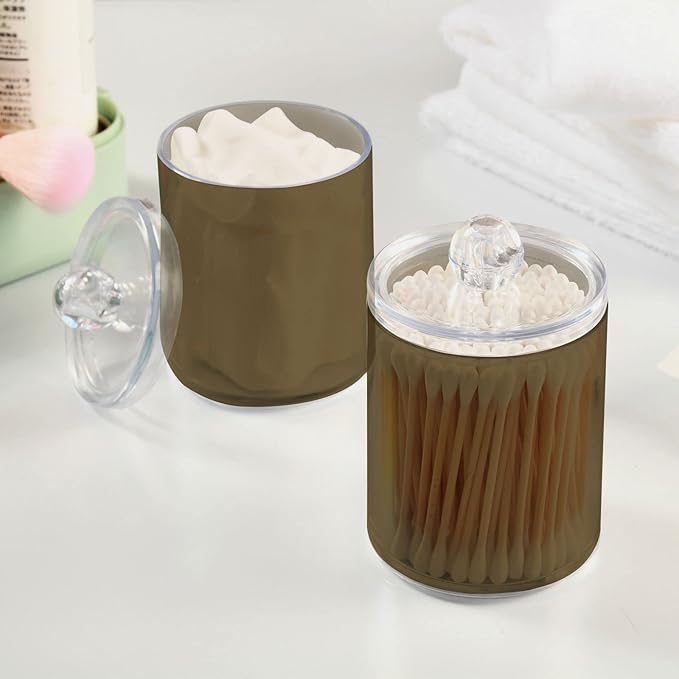 Tan Qtip Holder Organizer Dispenser Cotton Swabs Cans Plastic Jars with Lid Set 4 Pack Bathroom Storage Canister for Cotton Ball Floss Cotton Pads