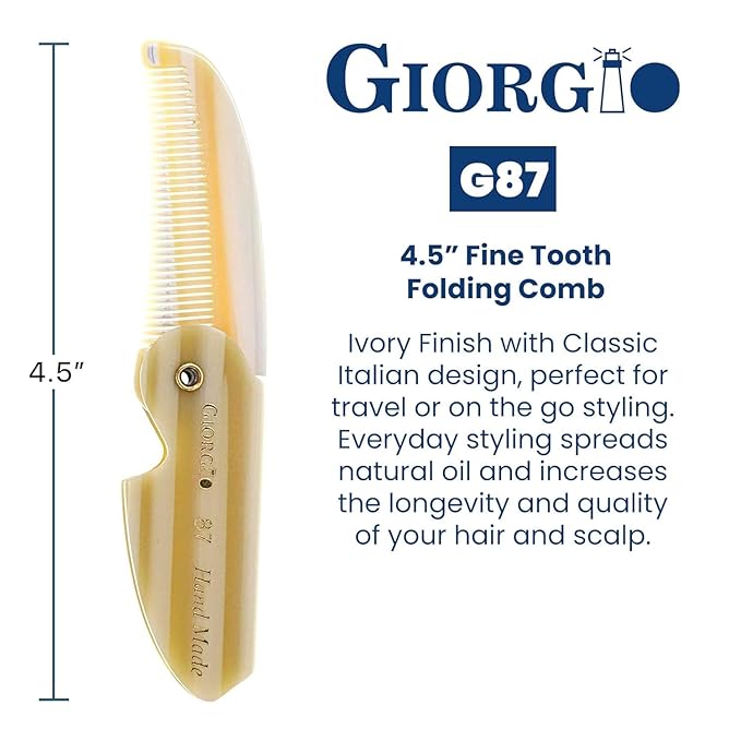 Giorgio G87IVY 2.5 Inch Men's Folding Pocket Comb Ivory - For Hair, Beard Grooming and Styling - Flexible Cellulose, Saw-cut & Hand Polished + 6 Inch Beard Brush