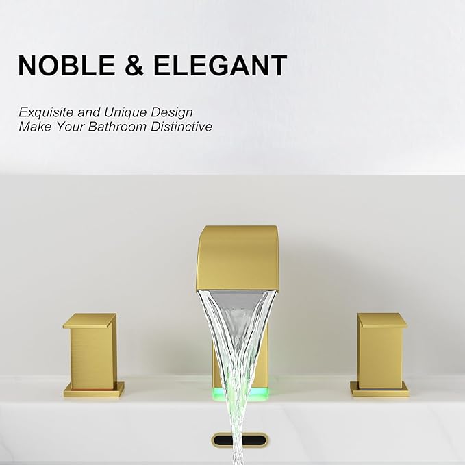 RUMOSE LED Bathroom Faucets Set Brushed Gold 8 inch Bathroom Sink Faucet 3 Hole with Pop Up Drain Widespread Waterfall Vanity Faucet with 3 Colors Light Changing Stainless Steel Deck Mounted