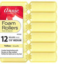 Annie Foam Hair Rollers 7/8 Inch Medium, 12 Count Yellow Soft Sponge Curlers for Heatless Curls, No Pins or Clips Needed, For Wet or Dry Hair, Tight Defined Curls