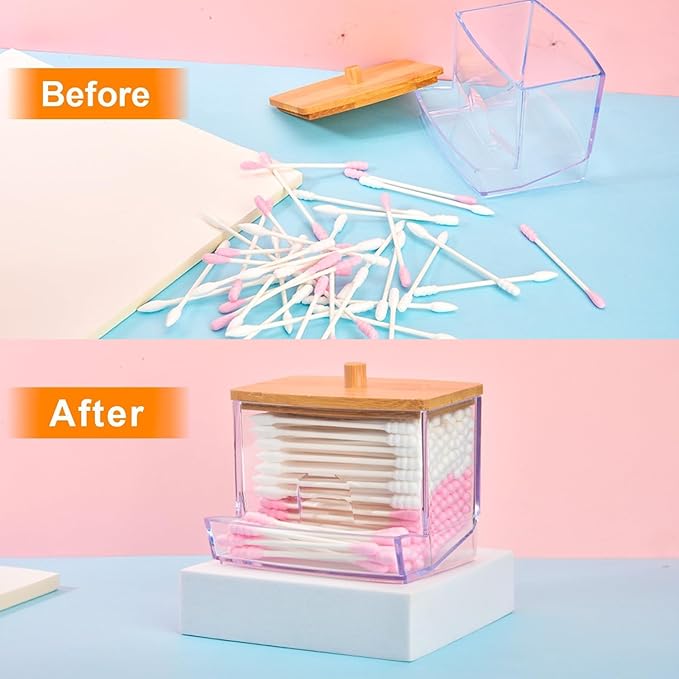 2 PCS Cotton Swab Dispenser, Pad Holder with Bamboo Lids, Qtip Bathroom Qtip Storage Container Bathroom Canisters with Lids, Cotton Round Dispenser for Floss Hair Ties Jewelry
