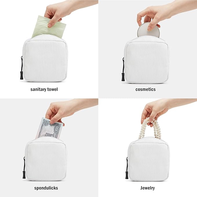 Small Makeup Bag for Purse,Mini Cosmetics Bag cute Zipper corduroy Cosmetic Pouch Storage Pouch Travel Toiletry Organizer for Women Girls(White)