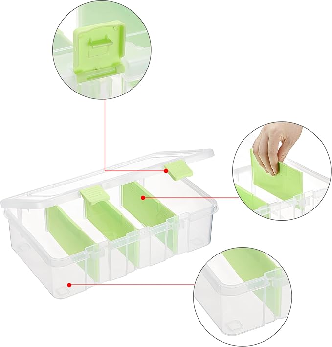 BTSKY Clear Plastic Dividing Storage Box with 4 Compartments Adjustable Storage Bin with Lid Plastic Craft Storage Container Multipurpose Sewing Box Art Supply Organizer, 13.3x8.1x3.4 Inches, Green