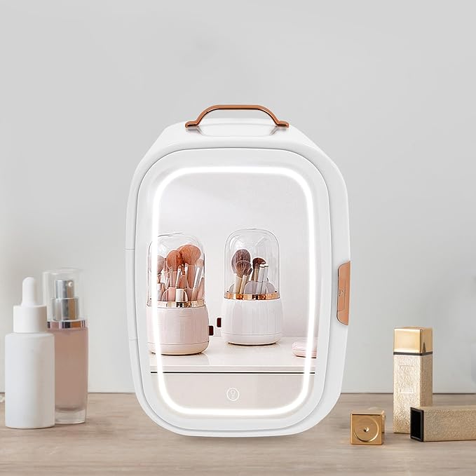 Cosmetic Fridge with LED Mirror & Adjustable Shelves, 12V/110V Mini Skincare Refrigerator for Bedroom, Vanity, Office, 4 Gal, Gift for Women (White)