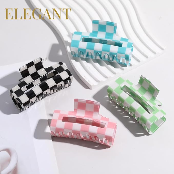 LuSeren 4 Pack 3 Inch colorful Hair Claw Clips for Women, Medium Rectangle Acetate Jaw Clips in Black, Pink,Green, Blue, Stylish Checkered Hair Accessories for Girls