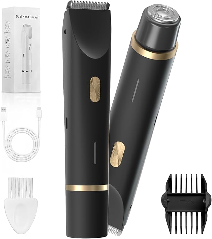 Body Trimmer for Men, Groin & Pubic Hair Trimmer, Dual-Head Electric Body Groomer for Chest, Legs, Underarms & Below-the-Waist Care, USB-C Rechargeable, Rinse-Clean, Gift for Him(Black Gold)