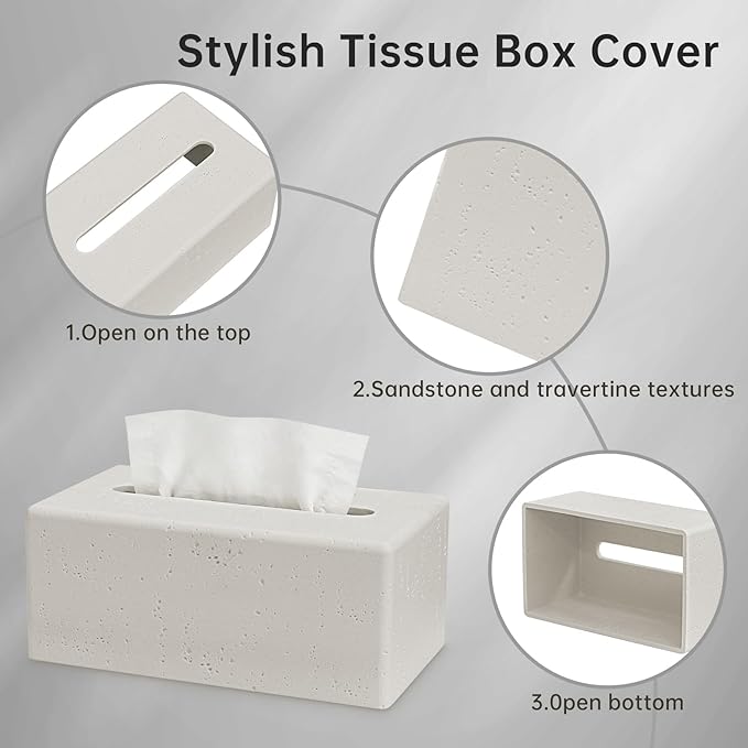 Tissue Box Cover Rectangle, Resin Decorative Facial Tissue Holder Covers Toilet Paper Holder Travertine Stone Look Paper Dispenser Home Decor for Bathroom Bedroom Living Room Office - Off White