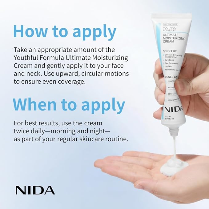 NIDA Youthful Formula™ Ultimate Moisturizing Cream | Centella Asiatica, Niacinamide, Hyaluronic Acid, Collagen | Wrinkles, Fine Lines, Dark Spots, Dry Skin, Redness | 3.38 fl. oz., 100ml (New Formula)