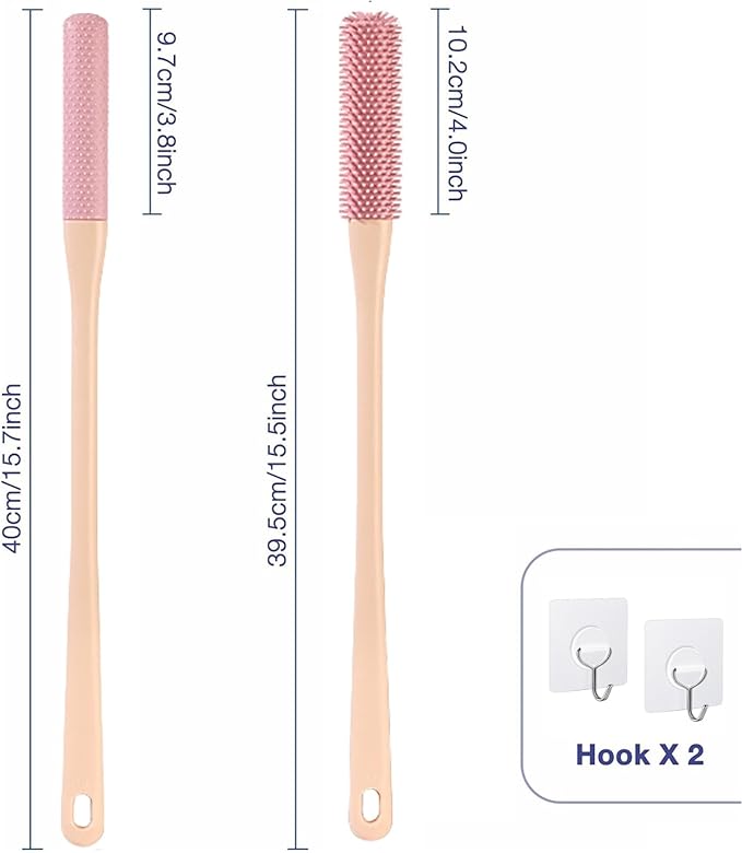 2 Pack Toe Cleaning Brush,Silicone Foot Scrubber for Shower with 15.7" Long Handle Soft Cleaning Bath Brush Feet Cleaner Scrub Foot Care for Seniors,Elderly, Men and Women (Pink)