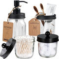 Amolliar Mason Jar Bathroom Accessories Set(4 Pcs) -Lotion Soap Dispenser &Cotton Swab Holder &Toothbrush Holder-Rustic Farmhouse Decor Apothecary Jars Vanity Organizer-Rustic Farmhouse Decor (Black)