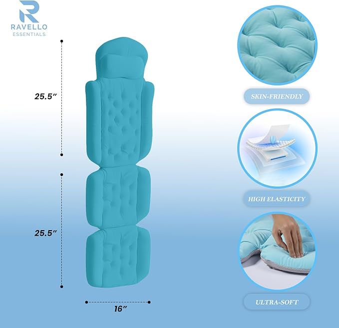 Bath Pillow for Tub 4D Air Mesh Fabric - Plush Bathtub Pillow for Neck & Back Support, Hot Tub Pillow with 6 Non-Slip Suction Cups Spa Pillow for Relaxation and Comfort (Full Body Blue)