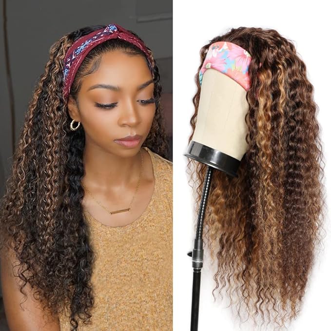 XSY Highlight Headband Wig Human Hair Curly Headband Wigs for Black Women None Lace Front Machine Made Human Hair Wig 150% Density 4/27# Highglight Wig (20 Inch)
