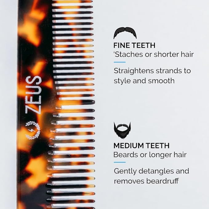 ZEUS Beard & Mustache Comb for Men, Handmade Saw-Cut Hair Comb for Untangling & Styling Beard (Tortoiseshell) V12