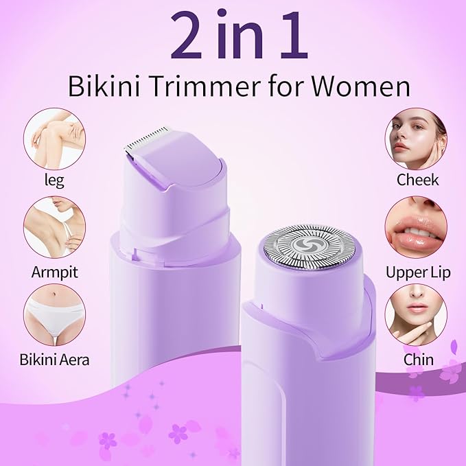 Bikini Trimmer for Women - 2 in 1 Women Electric Razor, Rechargeable Body Hair Trimmer and Facial Hair Remover, IPX7 Waterproof Wet & Dry Use Womens Electric Shaver for Bikini Underarm Leg Arm Body