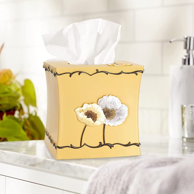 Zahari Home 2pc Poppy Fields Modern Bath Accessories Set Waste Basket & Tissue Box Modern Classic Contemporary Decorative Beautiful Designs Bathroom Decor Set for Home Luxury Yellow Bath Set