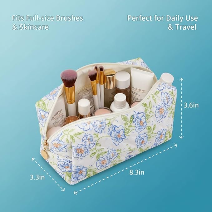 Floral Quilted Cotton Makeup Bag for Women, Large Capacity Travel Cosmetic Pouch with Zipper, Cute Toiletry & Brush Organizer, Kawaii Makeup Storage Case – Blue Flowers