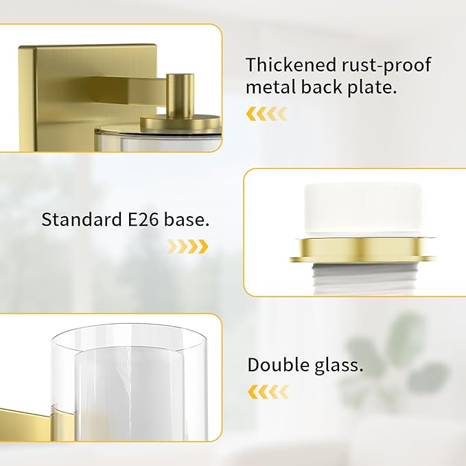 Kalium Wall Sconces Set of Two for Bathroom Bedroom Living Room Hallway Indoor Stairwell & Mirror, Farmhouse Modern Vanity Light Fixtures with Double Glass Shade & Gold Rustproof Metal Base, E26