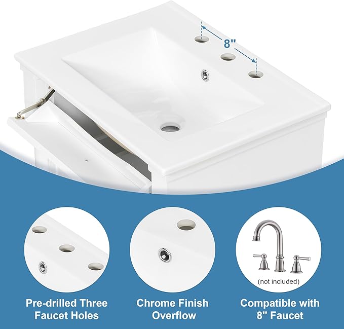 Harper & Bright Designs 24" Bathroom Vanity with Sink, Free Standing Bathroom Vanity Set with Flip Drawer, 2 Drawers, and Adjustable Shelf, Wood Storage Cabinet with Ceramic Basin for Bathroom, White