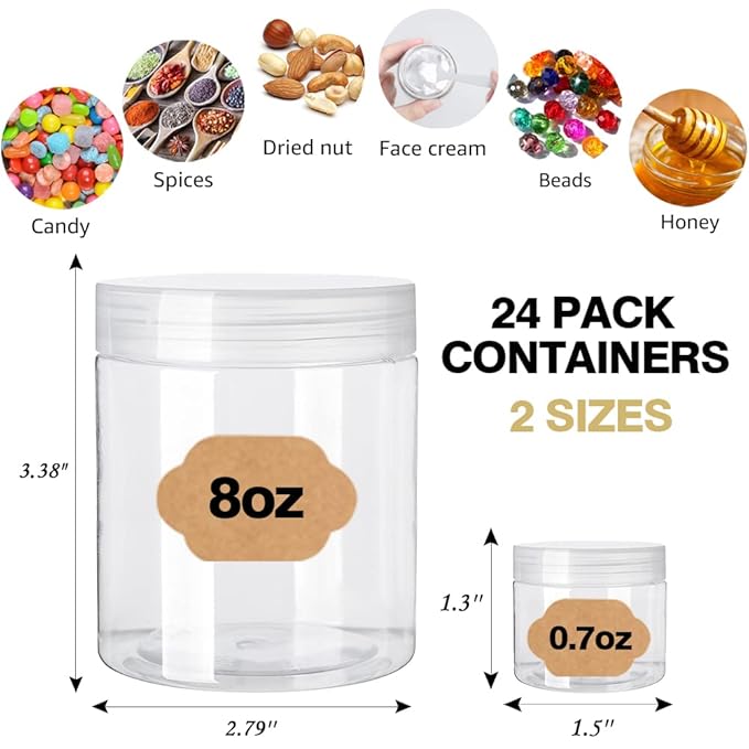 AMORIX 8oz Clear Plastic Jars with Lids 8 oz Plastic Containers with Lids + 20g Sample Containers (Set of 24) Airtight Container for Lip Scrub, Body Butters, Cream, Slime, Craft Storage