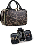 Prite Makeup Bag for Women, Large Capacity Waterproof Travel Cosmetic Organizer, Portable Open Flat Toiletry Bag with Free-standing Brush Holder and Handle(Leopard Print Medium)