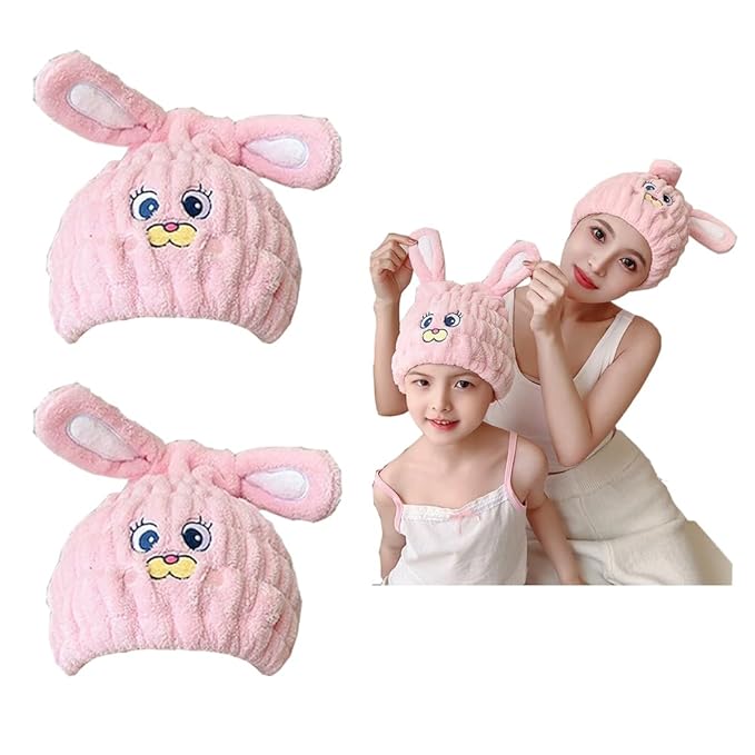 Kids Animal Hair Drying Towels, 2Pcs Pink Rabbit Bath Dry Hair Caps, Extrame Soft & Ultra Absorbent, Fast Drying Hair Turban Wrap Towels Shower Cap for Girls and Women