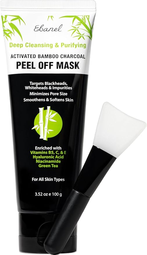 Ebanel Charcoal Peel Off Face Mask Applicator Set, Deep Pore Cleansing Minimizer Blackhead Remover with Niacinamide, Hyaluronic Acid, Vitamin C, Green Tea, Deep Cleanse Black Masks Peel Off Gel Mask