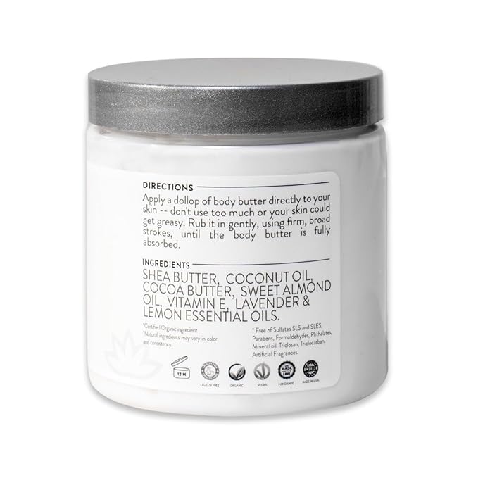 GLIMMER GODDESS Organic Whipped Body Butter for Women - Moisturizer Cream with Shea & Cocoa Butter, Almonds & Coconut Oil - Evening Snow, 8oz