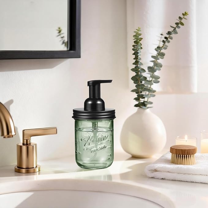 SheeChung Mason Jar Foaming Soap Dispenser, Stainless Steel Lid, BPA Free Pump, Green Glass Foam Hand Soap Dispenser, 16 Oz Refillable Liquid Foam Dispenser Bottle for Bathroom Kitchen-Black, 2 Pack