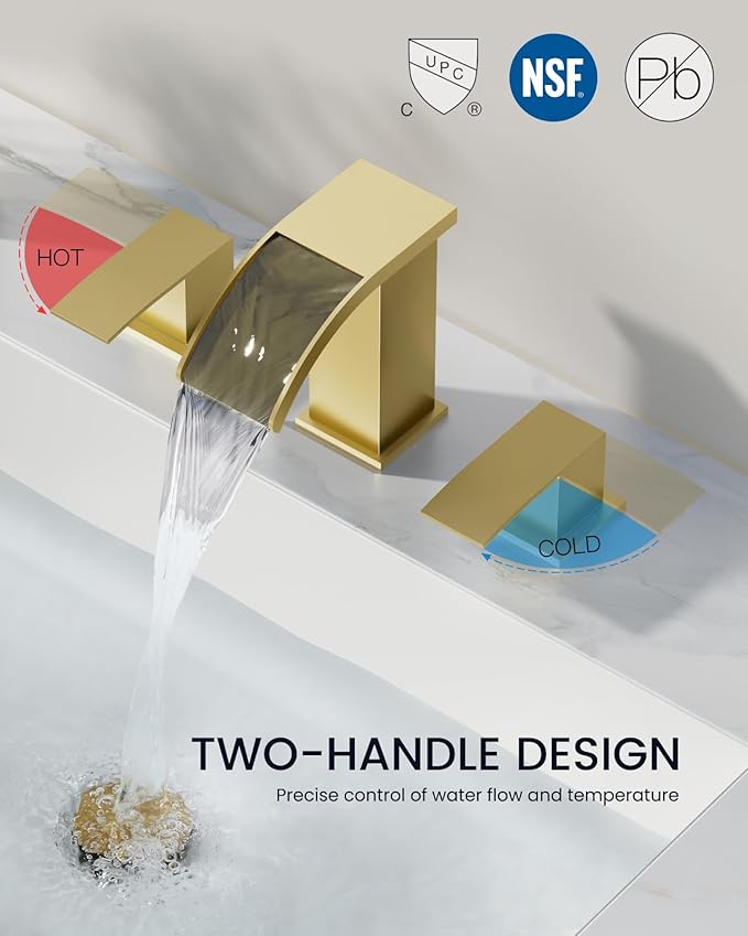 gotonovo Waterfall 8 inch Widespread Bathroom Faucet Set Bathroom Sink Faucet 3 Hole 2 Handle Vanity Lavatory Deck Mount with Pop Up Drain and Water Supply Lines Square Body Brushed Gold