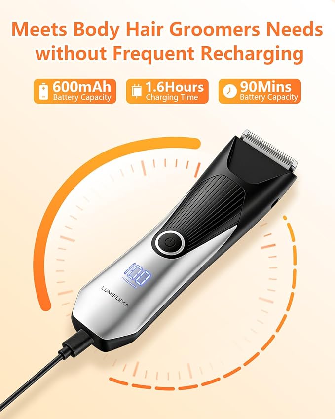 Body Hair Trimmer, LED Display, 6500 RPM Motor Manscaper for Men, 3 Adjustable Combs, USB & Dock Charging, IPX7 Waterproof Body Hair Groomers, Wet or Dry Use for Groin/Legs/Chest