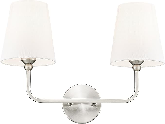 2-Light Bathroom Light Fixtures, Brushed Nickel Vanity Lights, Double Wall Sconce with Flared White Fabric Shade, Modern Sconces Wall Lighting for Hallway Bedroom Stairway, VL837-BN-2-S