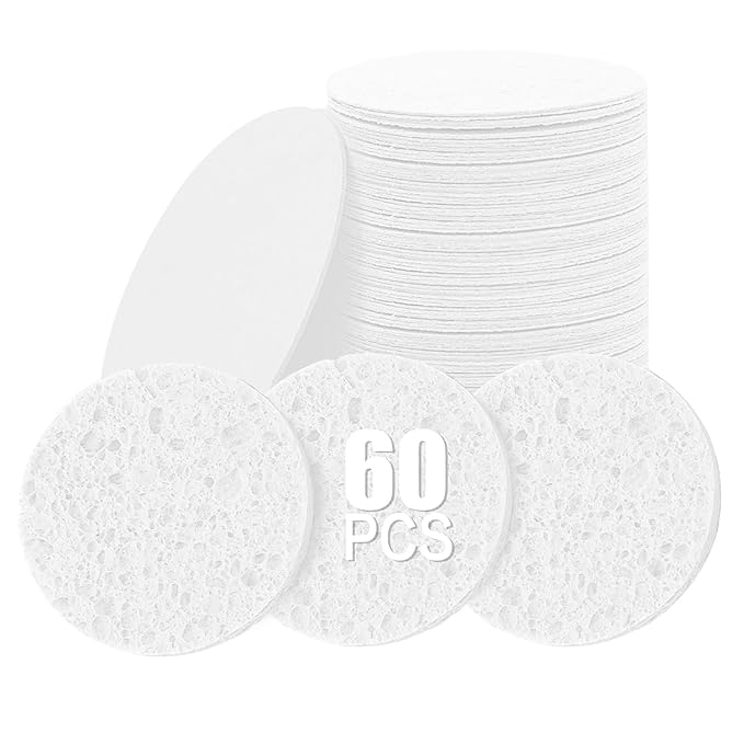 60-Count Compressed Facial Sponges Natural Cellulose - Reusable Professional Face Sponge for Cleansing, Exfoliating & Makeup Removal, Gentle Spa Skincare Tools for Travel Home Bath (White)