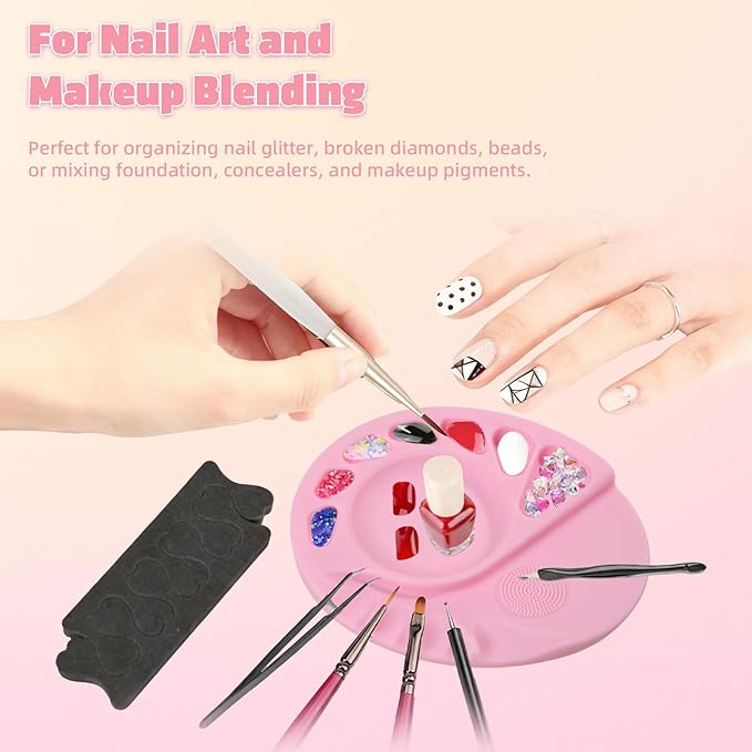 Makeup Palette, 5-In-1 Multifunction Silicone Makeup Mixing Palette with Spatula Artist Tool for Mixing Foundation Nail Art, Eyelash Glue, Cosmetic Makeup Foundation Blending Palette Pink