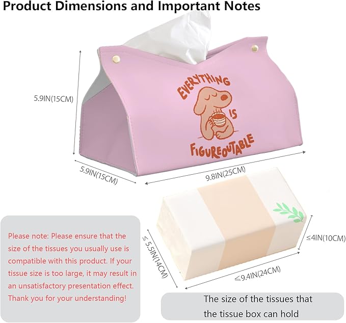 Pink Cute Dog Tissue Box Cover Rectangle,Motivational Toilet Paper Box,Leather Decorative Facial Paper Case for Living Room Bathroom Kitchen Office Desk,Everything is Figureoutable,9.8x5.9x5.9