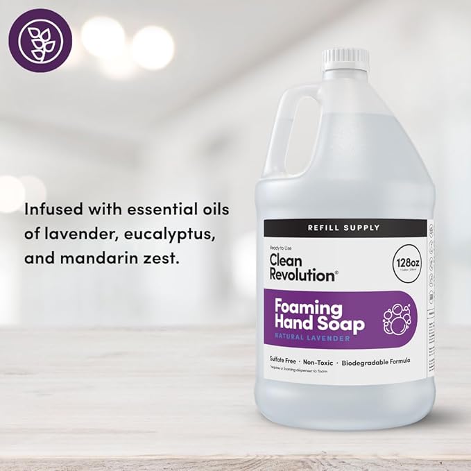 Clean Revolution Foaming Hand Soap Refill Supply Container. Ready to Use Formula. Natural Lavender Fragrance, 128 Fl. Oz