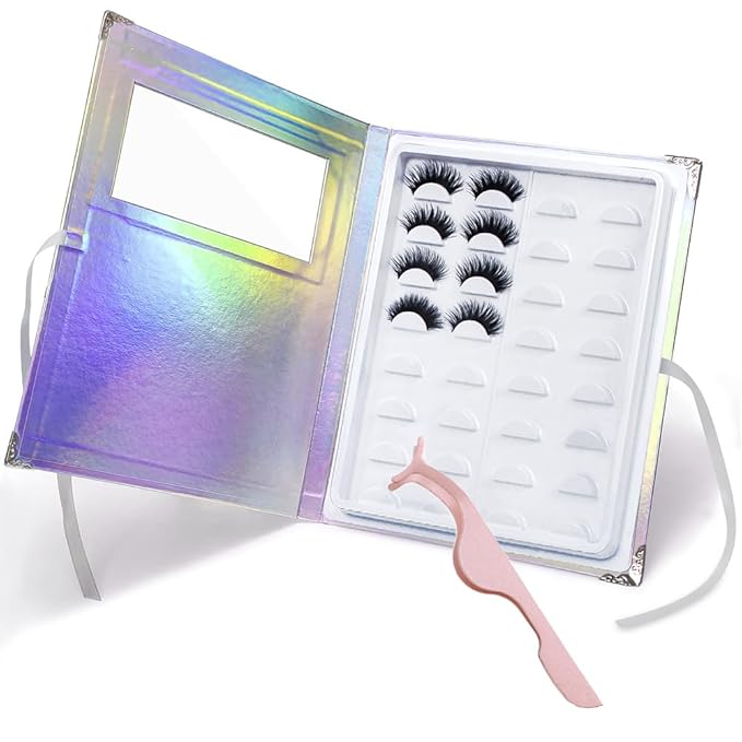 False Eyelash Storage Book Protable 16 Pari Eyelashes Organizer Holder Case Lash Contanier Box Glitter Cover Lash Container Empty Case with Eyelash Tweezer (Assorted Color)