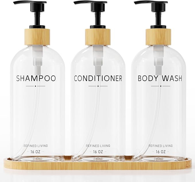 Shampoo and Conditioner Dispenser Set,Shower Soap Dispenser for Bathroom,Refillable Shampoo and Conditioner Bottles with Bamboo Pump and Tray,Soap Dispenser Bathroom for Shower (Transparent, 3-Pack)