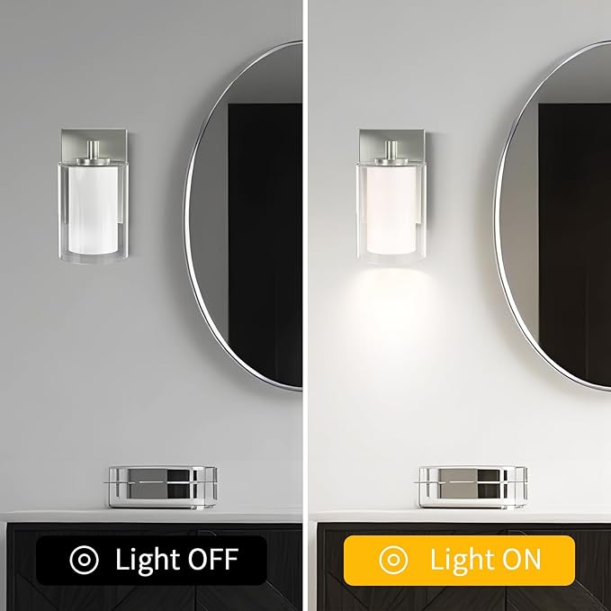 Wall Sconces Set of Two: Bathroom Sconce of 2, Silver Vanity Fixtures with Double Clear Glass Shade, E26 Base Hardwired Farmhouse Wall Lights for Bedroom Living Room Bathroom (Bulb not Included)