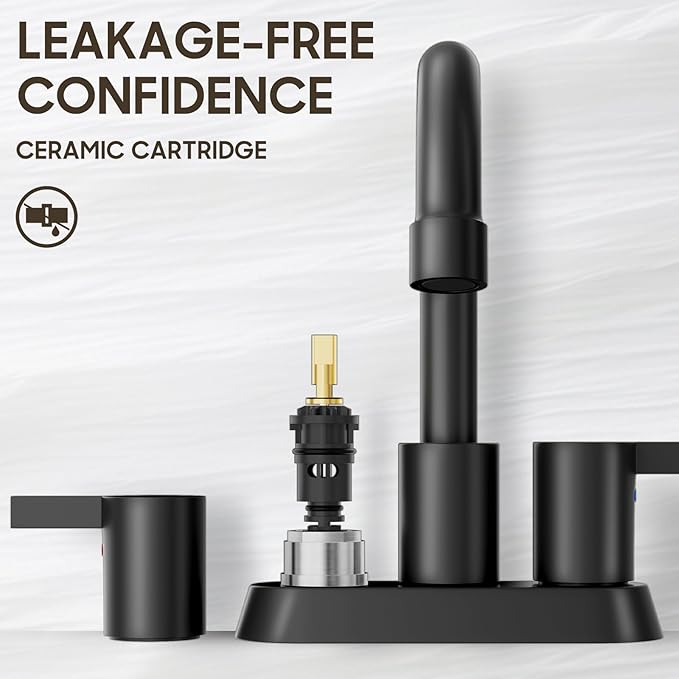 Phiestina 4 Inch 2 Handle Centerset Matte Black Lead-Free Modern Bathroom Faucet, 360 Swivel Spout 2-3 Hole RV Bathroom Vanity Sink Faucet with Pop Up Drain and Water Supply Lines,BF015-1-MB