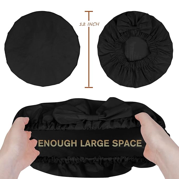 Reusable Shower Cap for Women with Stylish Bow, Non-Slip Waterproof Anti Humidity Bathing Cap, Roomy Anti Frizz for Short Medium Straight Wavy Hair, Soft Elastic & Machine Washable, Black