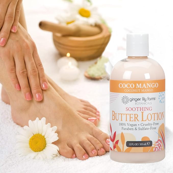 Ginger Lily Farms Botanicals Soothing Butter Lotion for Dry Skin, Coco Mango, 100% Vegan & Cruelty-Free, Coconut Mango Scent, 12 Fl Oz