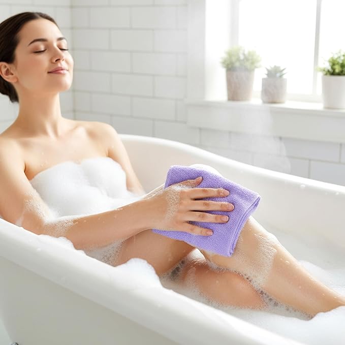 2 Pack Exfoliating Back Scrubber for Shower, Nylon Exfoliating Washcloth Back Washer for Shower with Handles, Stretchable Pull Strap Bath Scrubber for Body Women Men Clean Skin Deeply(Pink, Purple)